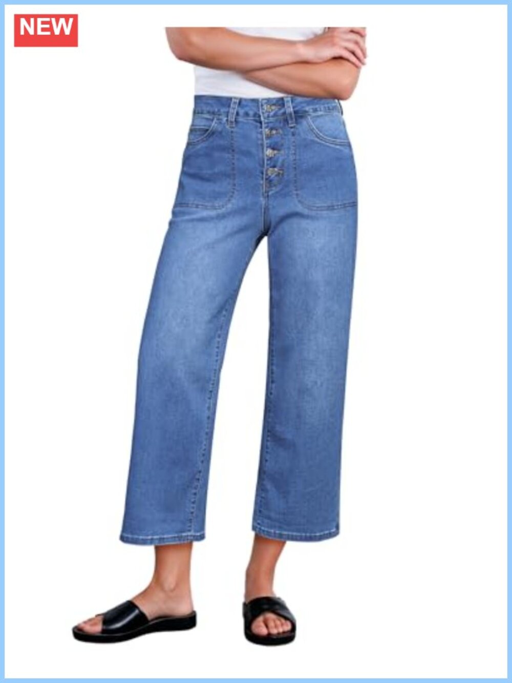 Wide Leg Cropped High Waisted Jeans Button Fly Stretch Denim Trousers